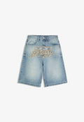Bershka EMBROIDERED BAGGY - BERMUDA SHORT - Denim shorts - blue denim