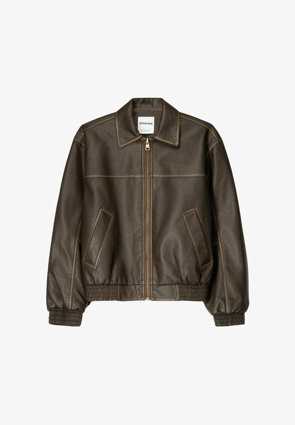 Bershka Faux leather jacket - dark brown