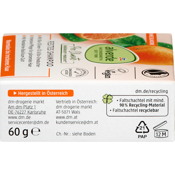Festes Shampoo Mandarine-Basilikum Duft alverde NATURKOSMETIK