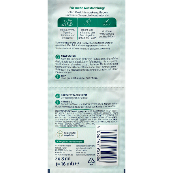 Gesichtsmaske Aloe Vera Sachet (2x8 ml) Balea