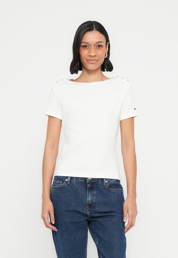 Tommy Hilfiger GOLD-TONE BUTTON SLIM BOAT NECK T-SHIRT - Print T-shirt - ecru