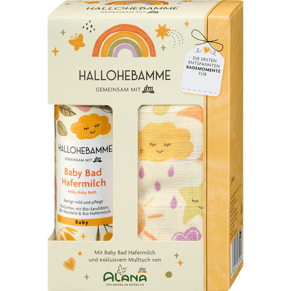 Geschenkset HALLOHEBAMME Babybad Hafermilch + ALANA Mulltuch 2tlg HALLOHEBAMME