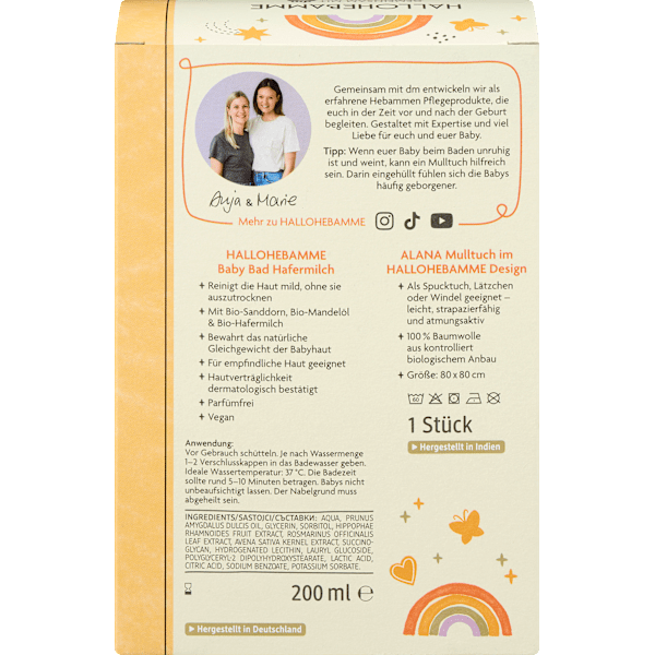 Geschenkset HALLOHEBAMME Babybad Hafermilch + ALANA Mulltuch 2tlg HALLOHEBAMME