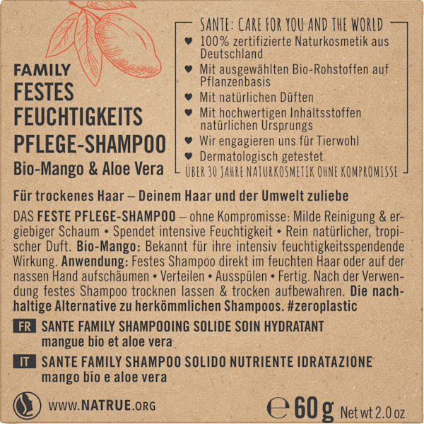Festes Shampoo Feuchtigkeit Bio-Mango & Aloe Vera Santé naturally.
