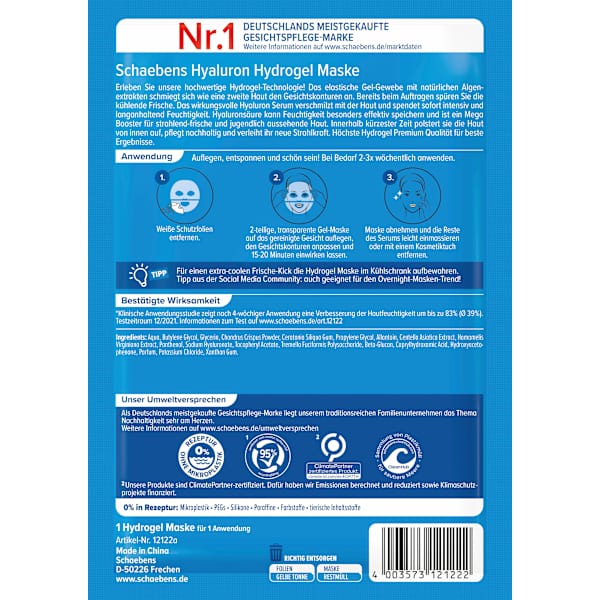 Gesichtsmaske Hyaluron Hydrogel Schaebens