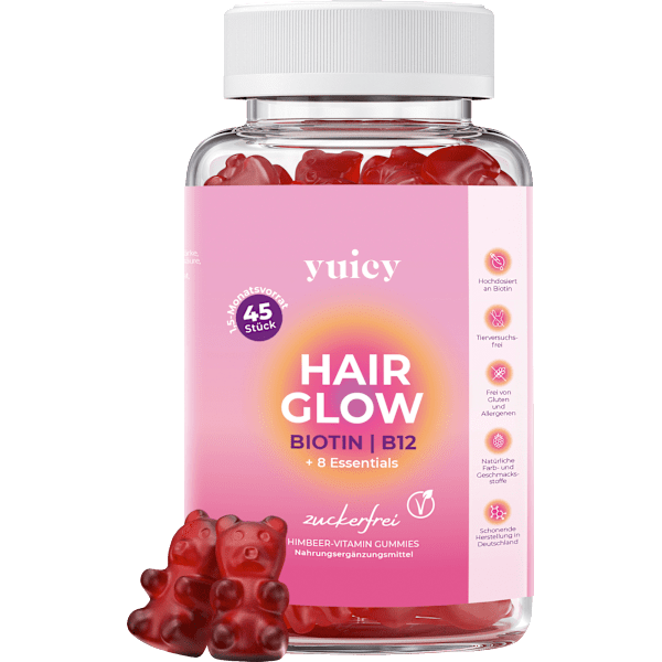 Haarvitamine Hair Glow Biotin I B12 + 8 Essentials Gummies (45 Stück) yuicy