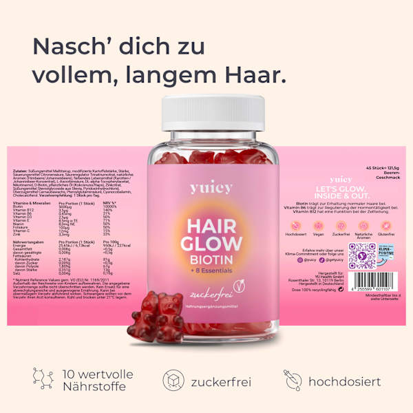 Haarvitamine Hair Glow Biotin I B12 + 8 Essentials Gummies (45 Stück) yuicy